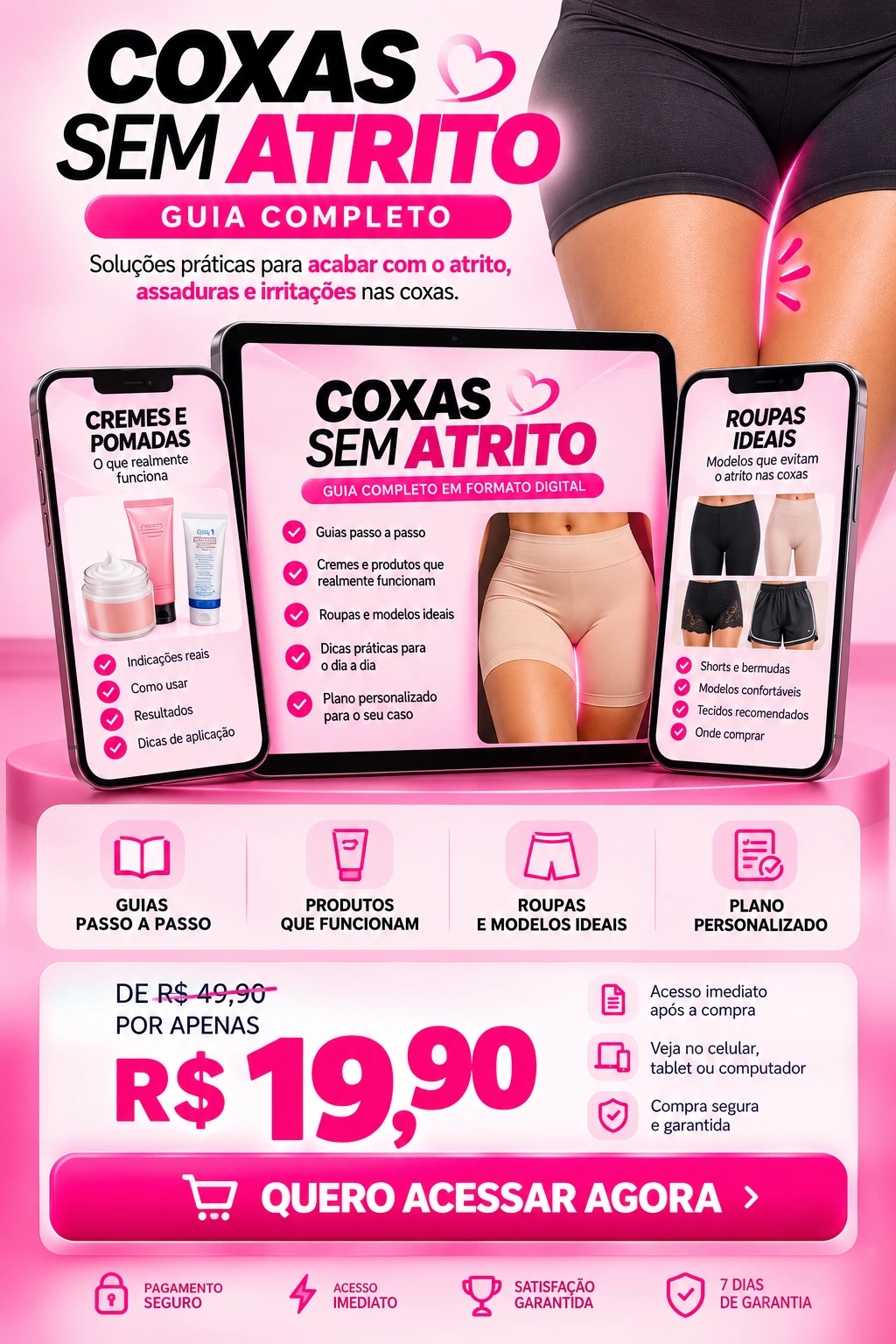 Coxas Sem Atrito. Guia digital apresentado em tablet e dois celulares. R$ 19,90. Quero acessar agora.
